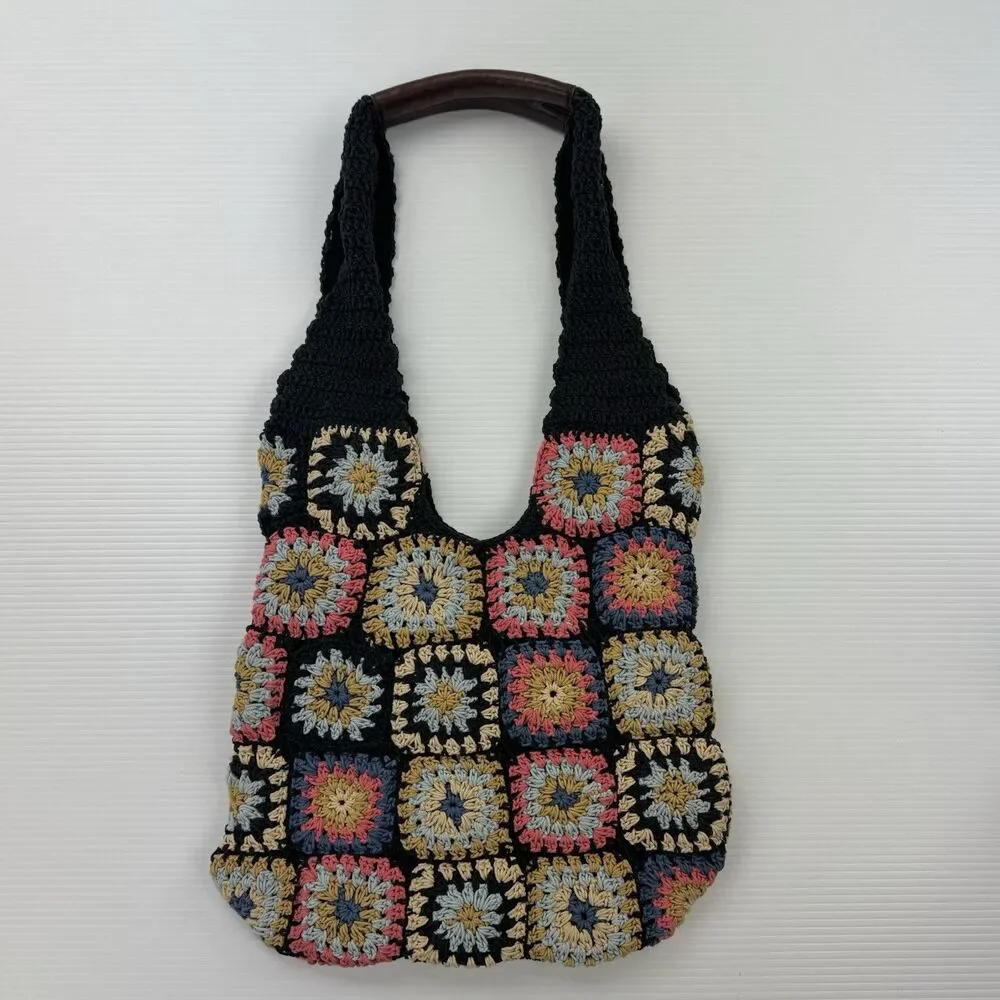 Free People Granny Square Crochet Tote Bag Black Multi Boho Leather Handle NWOT
